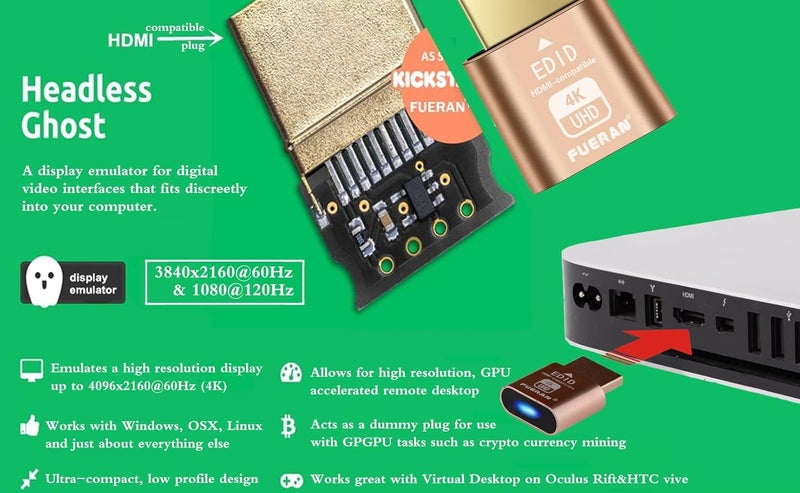 فييران قابس HDMI وهمي Headless Ghost Display Emulator DDC EDID Emulator شاشة مزيفة 4K@60Hz-1Pack - Image 2