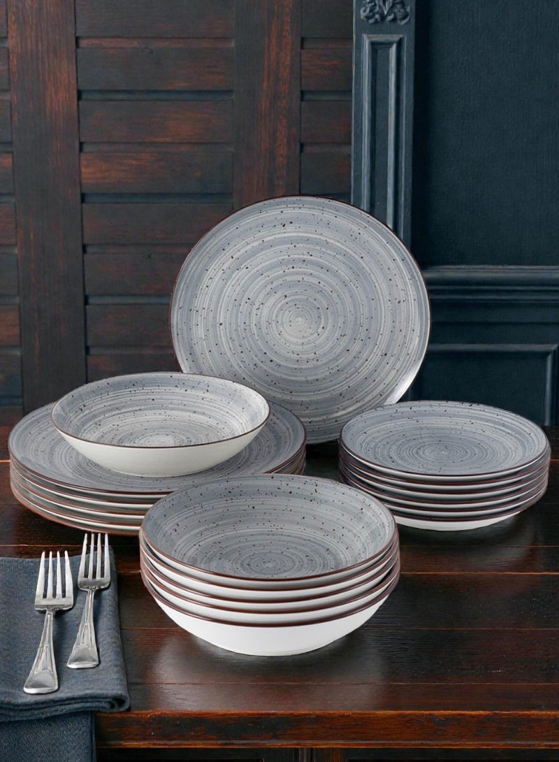 ايست من نون طقم سفرة من البورسلين مكون من 18 قطعة، يكفي 6 أشخاص، آمن للاستخدام في الميكروويف وغسالة الصحون، بتصميم منقّط باللون الرمادي. - Image 1