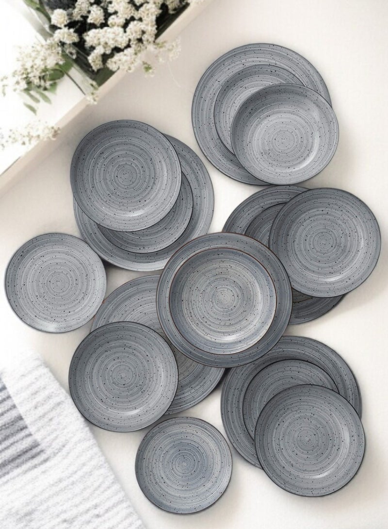 ايست من نون طقم سفرة من البورسلين مكون من 18 قطعة، يكفي 6 أشخاص، آمن للاستخدام في الميكروويف وغسالة الصحون، بتصميم منقّط باللون الرمادي. - Image 3