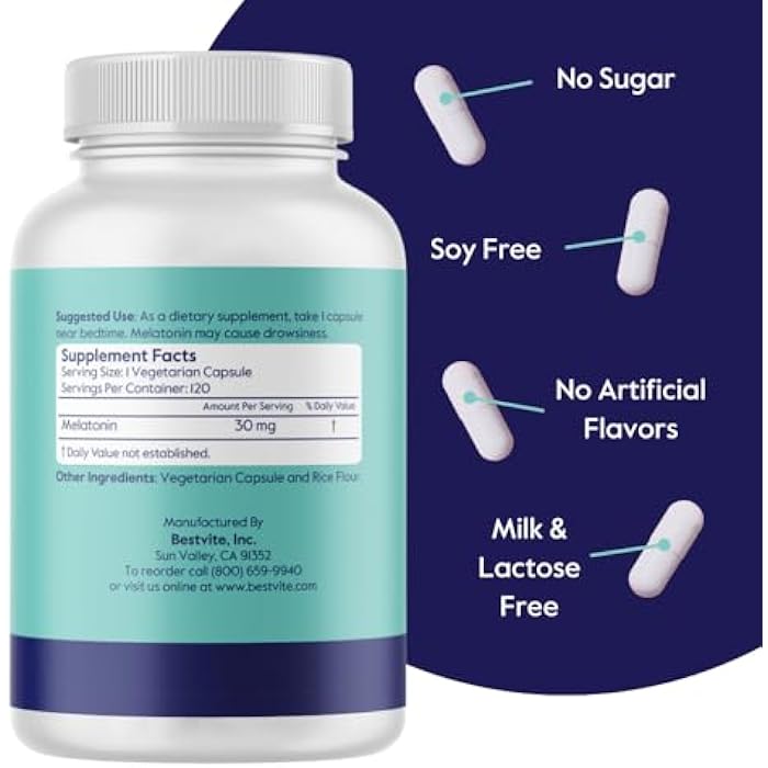 BESTVITE Melatonin 30mg (120 Vegetarian Capsules) - No Stearates - Vegan - Non GMO - Gluten Free - High Dose Melatonin - Image 3