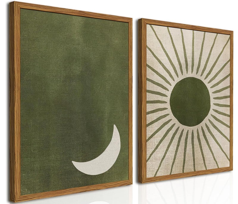 Hwetui Framed Boho Sun and Moon Canvas Wall Art Set of 2, Vintage Sage Green Bohemian Pictures Wall Decor, Mid Century Modern Abstract Minimalist Paintings Prints for Living Room Bedroom Office 12x16 inch - Image 1
