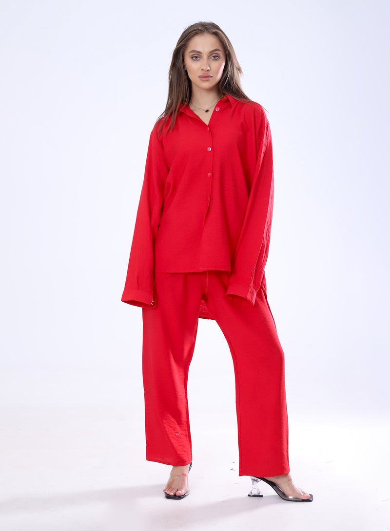 BEBO Women's Solid Long Sleeve Pants Set Free Size Fits Approximately 60-85kg_Red - Image 1
