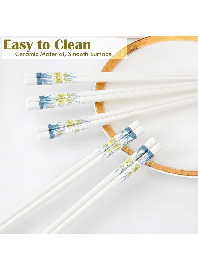 Ceramic Chopsticks Set, Reusable Chopsticks, Non-Slip Tableware, Heat-Resistant  Non-Toxic Ceramic Utensils for Asian Cuisine, Elegant Daffodil Floral Pattern, Dishwasher Safe(White,5-Pair, 24.1cm) - Image 2