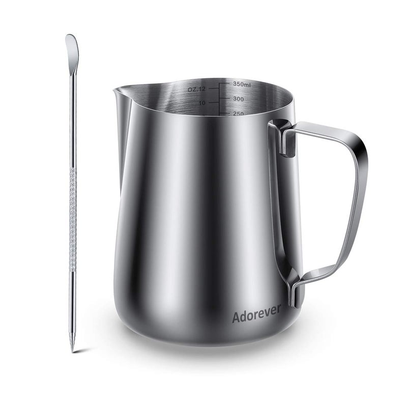 Adorever Milk Frothing Pitcher Thicker Version 350ml 12oz Steaming Pitchers Stainless Steel Milk Coffee Cappuccino Latte Art Barista Steam Pitchers Milk Jug Cup with Decorating Pen 