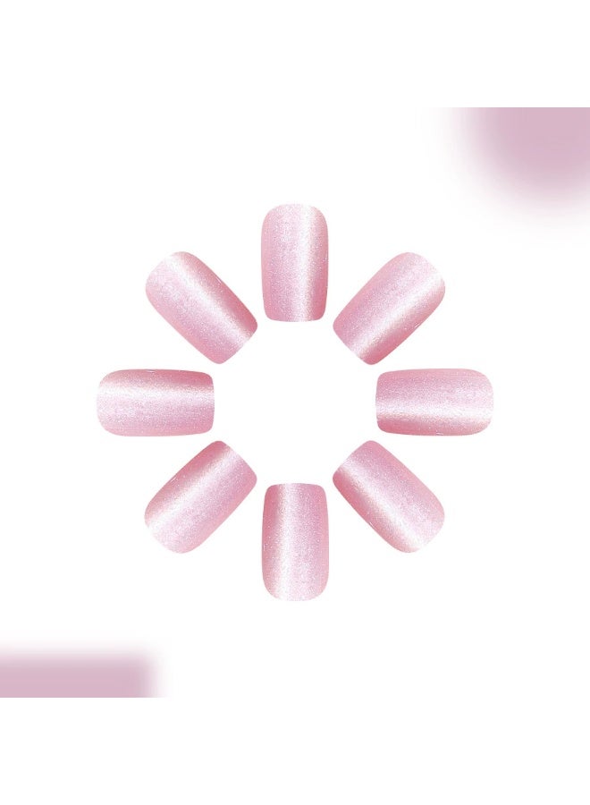 Goolsky Short Square Press-on Nails with Cherry Blossom Light Pink Cat Eye - Image 2