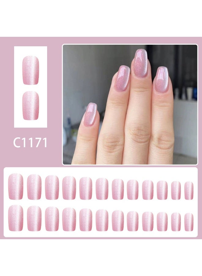 Goolsky Short Square Press-on Nails with Cherry Blossom Light Pink Cat Eye - Image 4