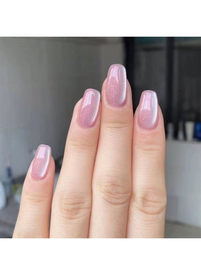 Goolsky Short Square Press-on Nails with Cherry Blossom Light Pink Cat Eye - Image 1