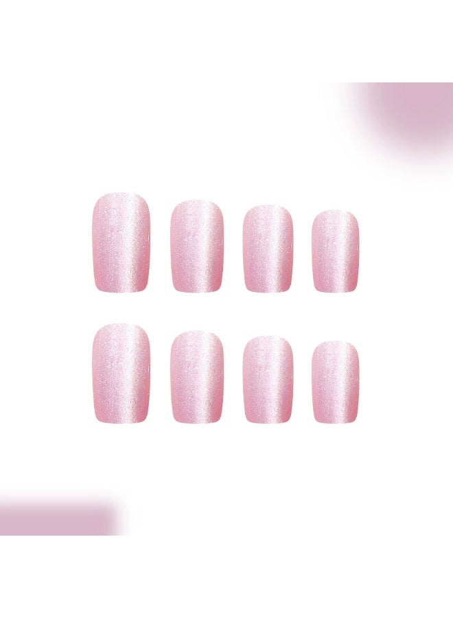 Goolsky Short Square Press-on Nails with Cherry Blossom Light Pink Cat Eye - Image 3