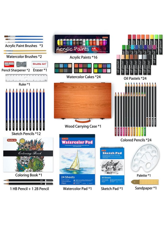 شاتل أرت مجموعة فنية فاخرة مكونة من 118 قطعة من اللوازم الفنية في علبة خشبية، مجموعة فنية للرسم مع أقلام طلاء أكريليك وأقلام تلوين زيتية وألوان مائية وكتاب تلوين ولوحة رسم بألوان مائية للأطفال والكبار... - Image 2