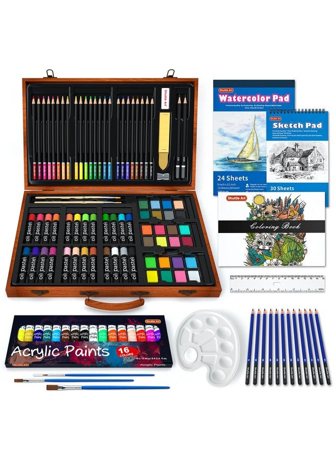 شاتل أرت مجموعة فنية فاخرة مكونة من 118 قطعة من اللوازم الفنية في علبة خشبية، مجموعة فنية للرسم مع أقلام طلاء أكريليك وأقلام تلوين زيتية وألوان مائية وكتاب تلوين ولوحة رسم بألوان مائية للأطفال والكبار... - Image 1