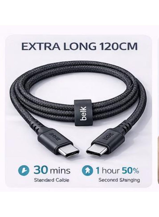 Belk USB-C to USB-C Fast Charging Cable 60W Power Delivery PD, 120cm 4FT Type-C Data Cable 480Mbps Super Durable Braided Charger Cable for iPhone 15, Samsung, Laptop - Image 4