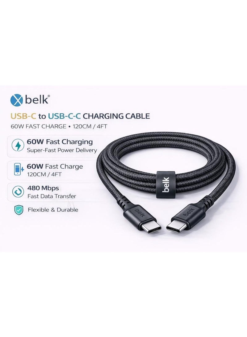 Belk USB-C to USB-C Fast Charging Cable 60W Power Delivery PD, 120cm 4FT Type-C Data Cable 480Mbps Super Durable Braided Charger Cable for iPhone 15, Samsung, Laptop - Image 3
