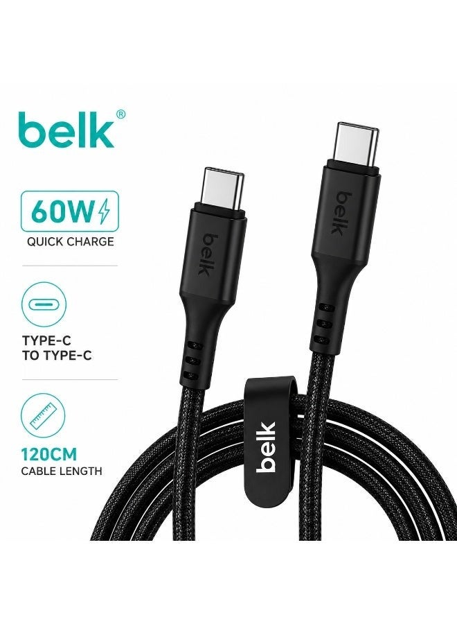 Belk USB-C to USB-C Fast Charging Cable 60W Power Delivery PD, 120cm 4FT Type-C Data Cable 480Mbps Super Durable Braided Charger Cable for iPhone 15, Samsung, Laptop - Image 1