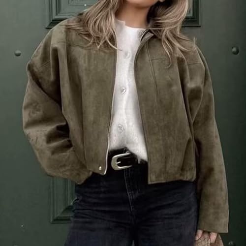 Xunger Women's Faux Suede Bomber Jacket Spring Lapel Pilot Coat Casual Oversized Long Sleeves Trendy Streetwear Outerwear(1026-Green-M-RD) - Image 5