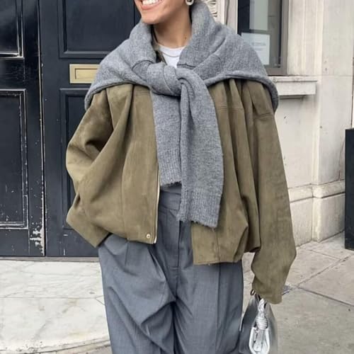 Xunger Women's Faux Suede Bomber Jacket Spring Lapel Pilot Coat Casual Oversized Long Sleeves Trendy Streetwear Outerwear(1026-Green-M-RD) - Image 3
