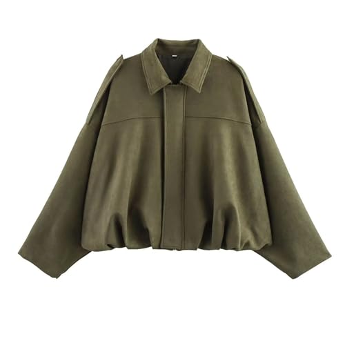 Xunger Women's Faux Suede Bomber Jacket Spring Lapel Pilot Coat Casual Oversized Long Sleeves Trendy Streetwear Outerwear(1026-Green-M-RD) - Image 1