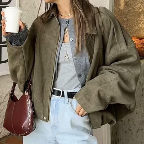 Xunger Women's Faux Suede Bomber Jacket Spring Lapel Pilot Coat Casual Oversized Long Sleeves Trendy Streetwear Outerwear(1026-Green-M-RD) - Image 4