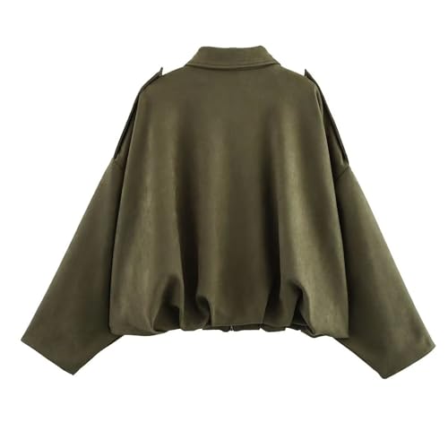 Xunger Women's Faux Suede Bomber Jacket Spring Lapel Pilot Coat Casual Oversized Long Sleeves Trendy Streetwear Outerwear(1026-Green-M-RD) - Image 2