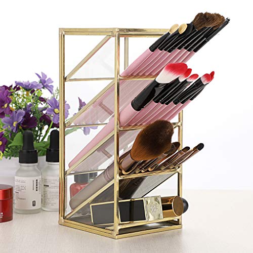 Hipiwe Vintage Gold Metal Desk Organizer Glass Make up Brushes lipstick Holder Dresser Organizer Pen Pencil Storage Holder for Home Office Supplies 4 Compartment - Image 3