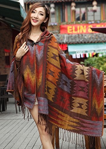 YEESAM Hoodie Poncho Bohemian Blanket, Hooded Shawl Cape Cloak Scarf Tassel - Image 2