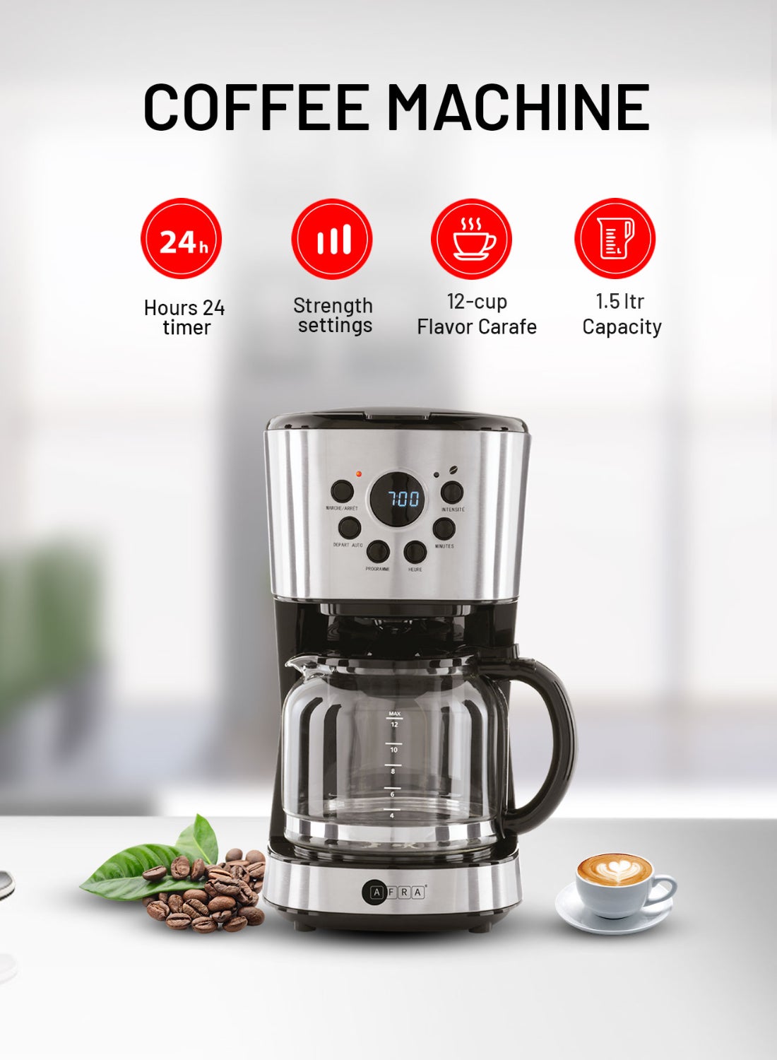 AFRA Coffee Maker, Filter Coffee Machine 1.5L | 900W | High-Temperature Glass Carafe | Keep Warm & Anti-Drip Function | Auto Shut-Off & Boil Dry Protection | Dishwasher Safe | Reusable Filter | On/Off