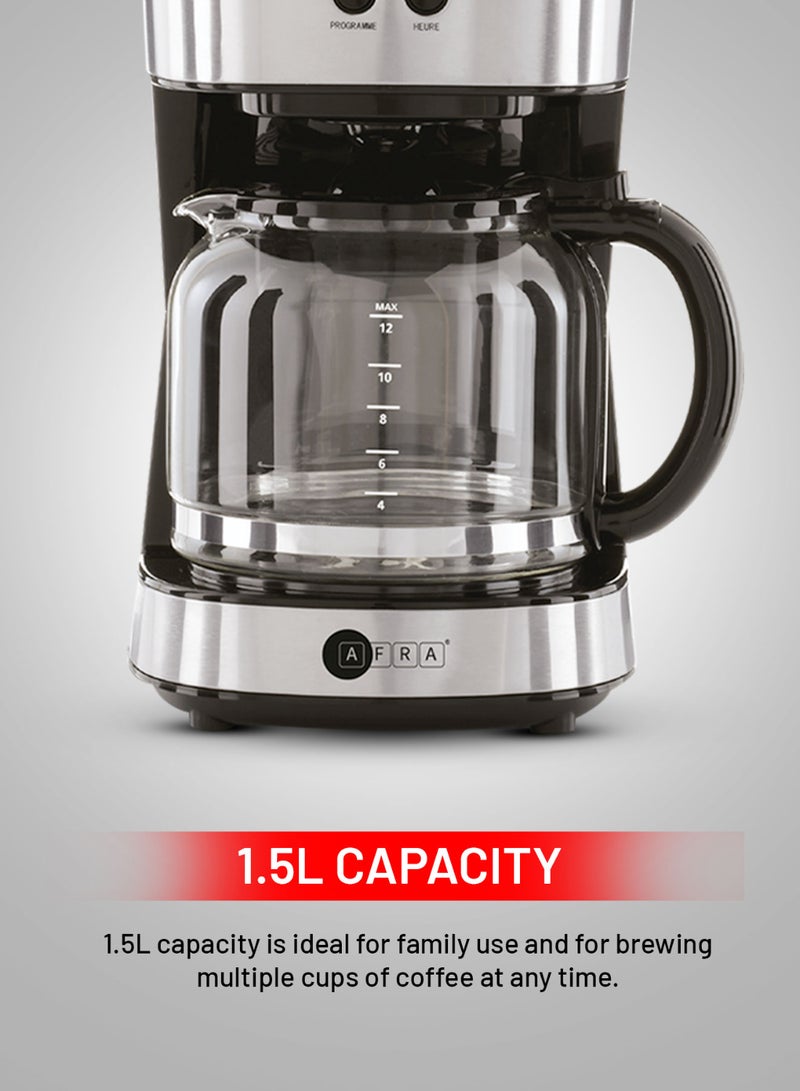 AFRA Coffee Maker, Filter Coffee Machine 1.5L | 900W | High-Temperature Glass Carafe | Keep Warm & Anti-Drip Function | Auto Shut-Off & Boil Dry Protection | Dishwasher Safe | Reusable Filter | On/Off Switch with Indicator Light | 2-Year Warranty - Image 3