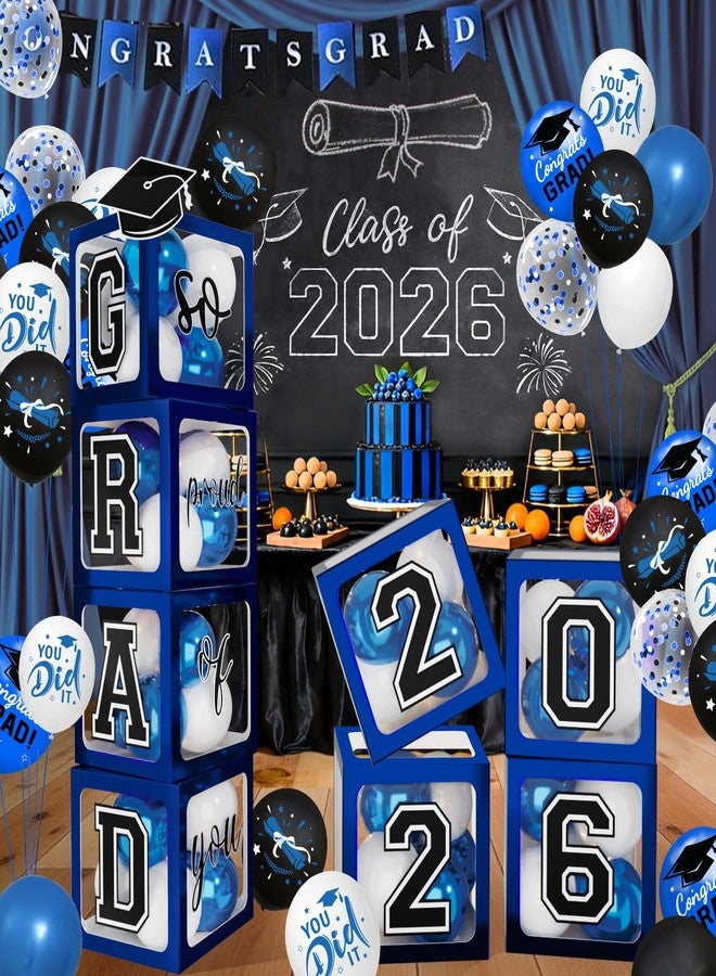 Netnology 2026 Graduation Decorations - Blue Balloon Boxes with Letters 2026 Grad & So Proud of You and Blue Black White Print Balloons, Graduation Party Decorations Class of 2026 for Any Grades - Image 1