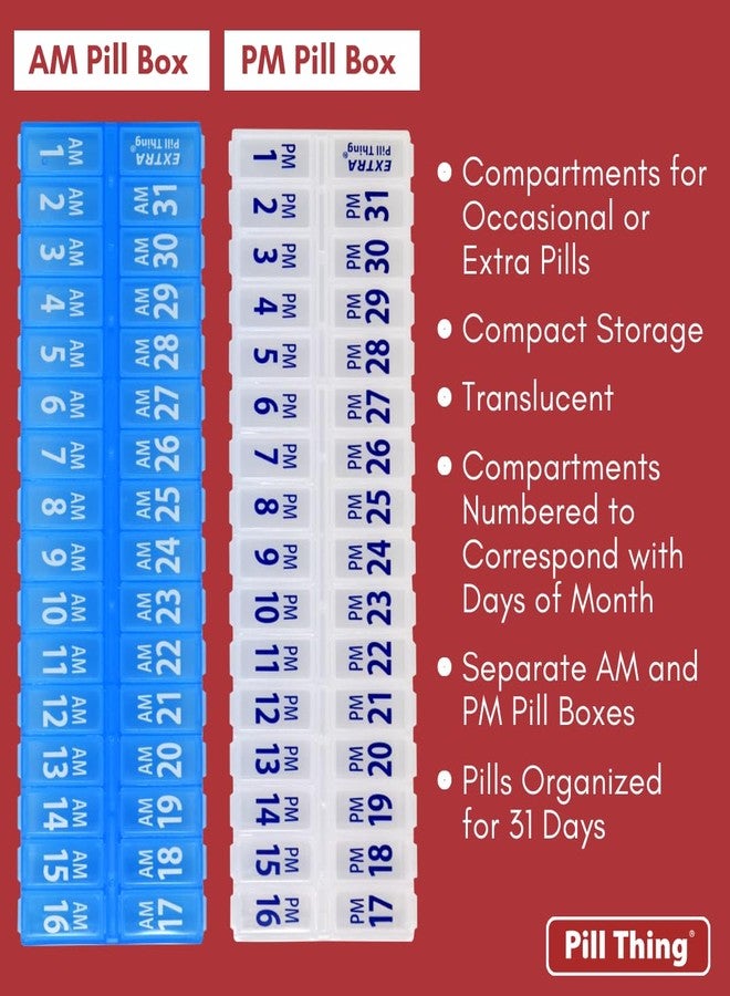 pill thing مجموعة منظم حبوب شهري - منظم أدوية صباحي ومسائي لمدة 31 يومًا! تحتوي المجموعة على منظمين لشهر واحد. (شفاف/أزرق - 31 يومًا صباحًا/مساءً) - Image 3