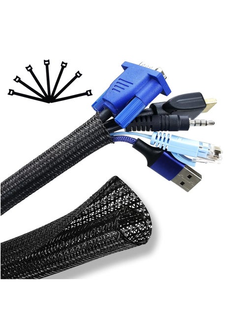Cable Management, Cable Organizer, 16.5ft - 1/2 inch Wire Loom, Self-Wrap Cord Hider, Braided Cable Sleeve with 10 Reusable Cable Ties included, Cord Organizer for TV/Audio/PC/Automobile