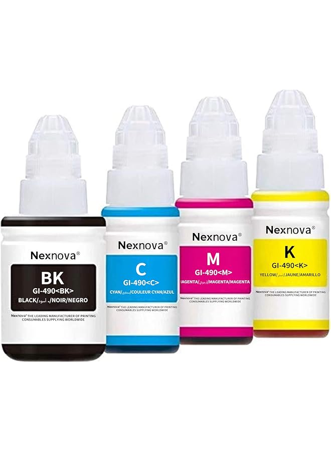 NexNova Gi 490 For Canon Ink Set Bk C M Y 4 Pack Black Cyan Magenta Yellow For Pixma G3400 G2400 G1400 G4400 G1411 G2411 G3411 G4411 G4410 G3410 - Image 1