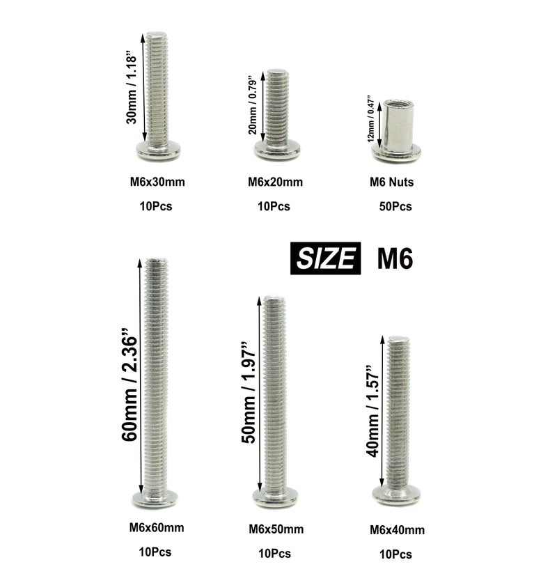 binifiMux 50-Pack Rivet Hex Socket Head Cap Countersunk Bolt and Barrel Nut, M6x20mm/ M6x30mm/ M6x40mm/ M6x50mm/ M6x60mm Bolt - Image 3