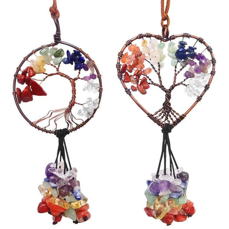 2 Pcs Tree of Life Car Mirror Hanging Accessories AFUNTA 7 Chakra Crystals and Healing Stones SevenColored Stone Car Ornaments Good Luck Wall Decor