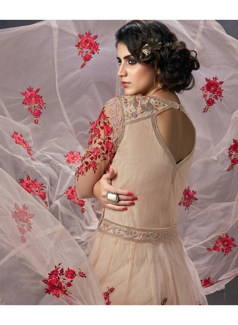 Mystic Women's semi stitched Embroidered Beige Anarkali Gown with Floral Motifs and Matching Dupatta - Image 1