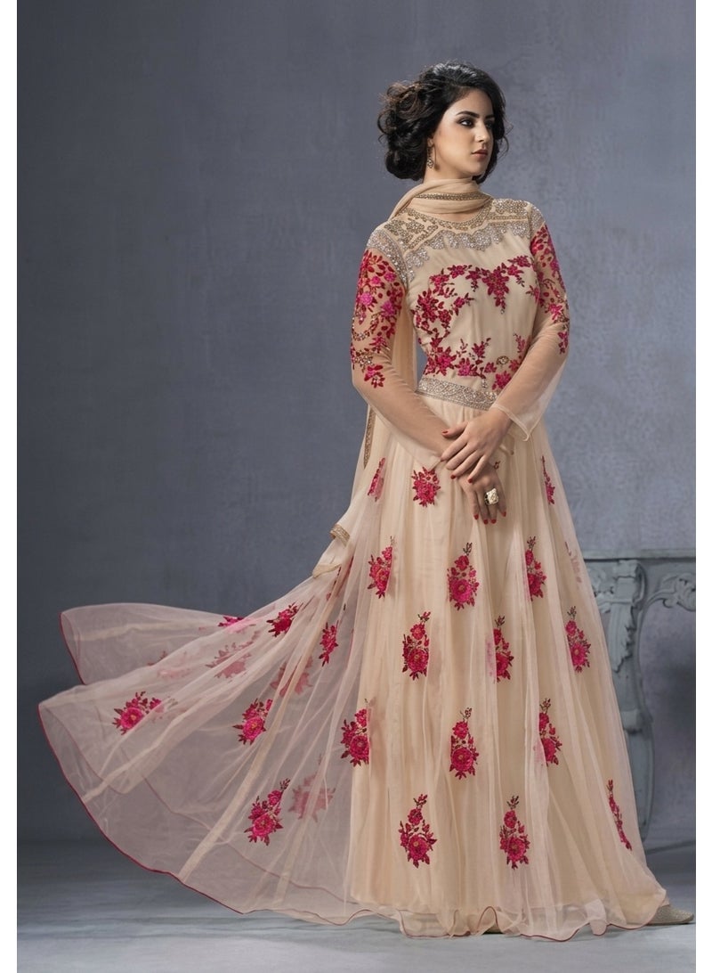 Mystic Women's semi stitched Embroidered Beige Anarkali Gown with Floral Motifs and Matching Dupatta - Image 2