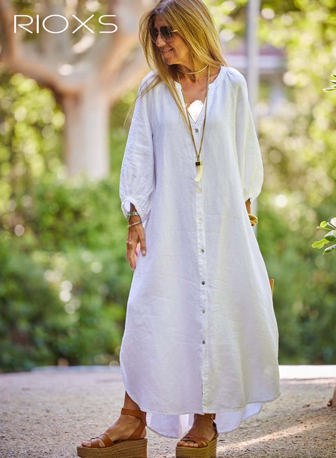 ريوكس فساتين طويلة الأكمام برقبة على شكل V وأزرار للسيدات، فستان قميص صيفي من الكتان قابل للتنفس للسيدات، فستان تونيك فضفاض بلون موحد، مناسب للعمل والعطلات والشاطئ والارتداء اليومي وحفلات الزفاف وغيرها، أبيض - Image 2
