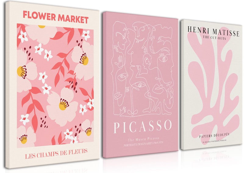 Djmwtb Matisse Picasso Pink Canvas Wall Art Framed Set of 3 Abstract Flower Market Prints Cute Posters Aesthetic Pictures Paintings Wall Decor for Girls Bedroom Dorm Apartment Living Room 12x16in - Image 1