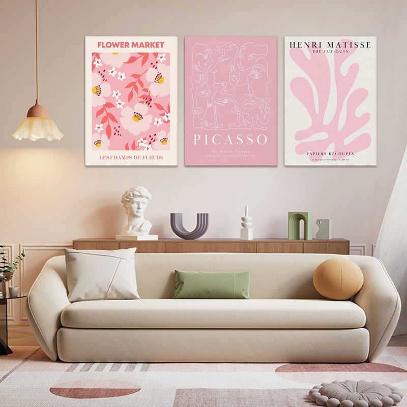 Djmwtb Matisse Picasso Pink Canvas Wall Art Framed Set of 3 Abstract Flower Market Prints Cute Posters Aesthetic Pictures Paintings Wall Decor for Girls Bedroom Dorm Apartment Living Room 12x16in - Image 2