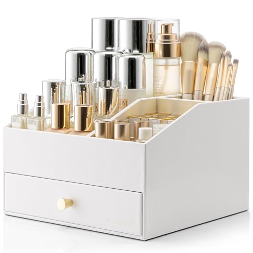VLANDO Makeup OrganzierVanity Organizer with Drawers PU Leather Skincare Organizer Perfume OrganizerLarge Cosmetic Display Case for LipstickBrushes Gifts for WomenWhite - Image 1