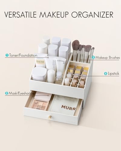 VLANDO Makeup OrganzierVanity Organizer with Drawers PU Leather Skincare Organizer Perfume OrganizerLarge Cosmetic Display Case for LipstickBrushes Gifts for WomenWhite - Image 3