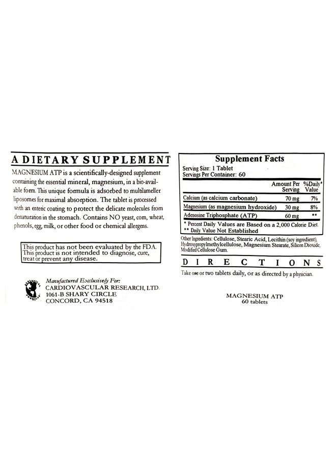 Liposomal Magnesium ATP (Mg30mg ATP60mg) 60 Tablets - 3 Pack - Ecological Formulas/Cardiovascular Research