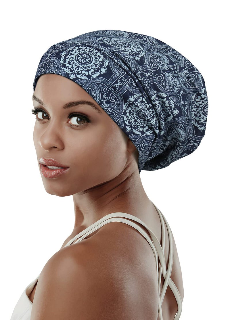 FocusCare Elastic Slap Headwear for Long Frizzy Hair Sleep Slouchy Beanie Dark Blue - Image 2