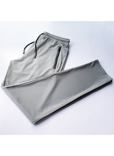 Summer Thin Ice Silk Pants Men Casual Trousers Loose Fit Sweatpants Small Foot Elastic Cropped Pants Bundle Feet Nine points straight-zipper [Gray]]