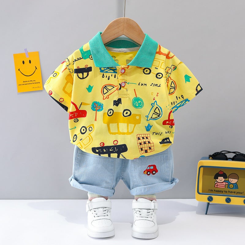 Generic Boys suit summer new Korean style car lapel short sleeve Denim Shorts factory one piece for wholesale Yellow 