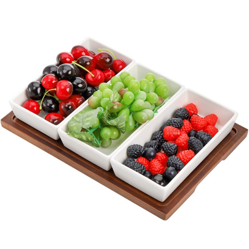 Elsjoy Set of 3 Ceramic Serving Bowls with Wooden Tray Snack Serving Tray Divided Serving Platter for Appetizer Fruits Bread