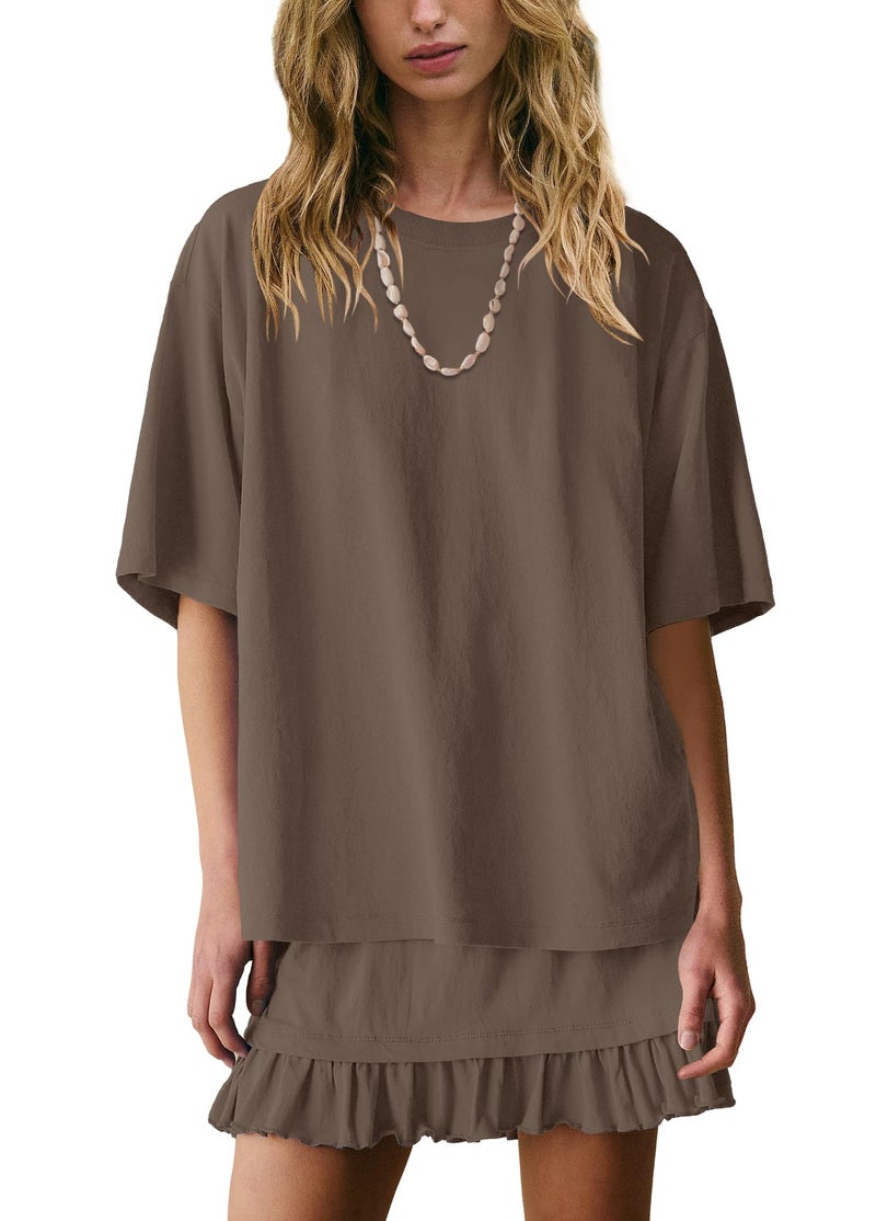 Yanekop Womens 2 Piece Skirt Sets Summer Two Piece Lounge Set Travel Vacation Outfits Oversized Tee Shirts Mini Skirt(Brown,M) - Image 1