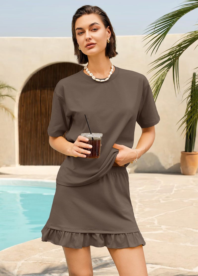 Yanekop Womens 2 Piece Skirt Sets Summer Two Piece Lounge Set Travel Vacation Outfits Oversized Tee Shirts Mini Skirt(Brown,M) - Image 2