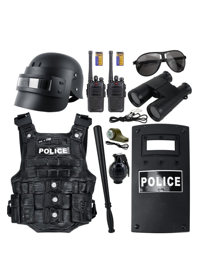 MIXDE 11Pcs Police Costume Toys, Police Accessories Role Play Set, Policeman Pretend Play Set for Kids, Includes Plastic Baton and Binoculars, Adjustable Belt, Sunglasses, Walkie Talkie, Whistle u0026 More  - Image 1