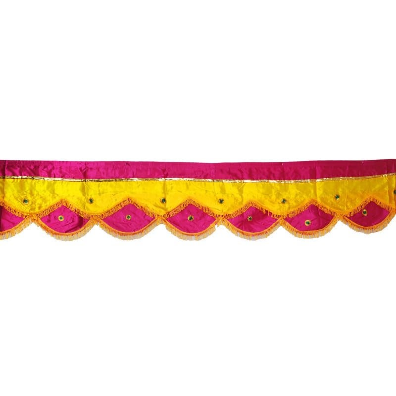 PRIYAKANT SAFAWALA PRIYAKANT SAFAWALA Ganpati Decoration Satin Jhalar Ideas at Home Festival Temple and Special Ganesh Chaturthi Decoration Jhalar Size Length 50 Feet and Hight 15 Inches Rani and Yellow - Image 1