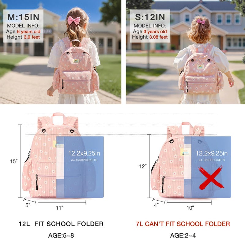 STEAMEDBUN Corduroy Toddler Backpack for Girls 2-4: Kids backpack for Boys Girls - 12 inch Preschool Kindergarten Backpacks - Sakura - Image 2