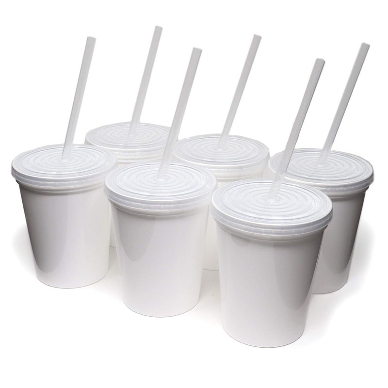 Rolling Sands 16 Oz Reusable Plastic Stadium Cups with Lids 6 Pack USA Made Plastic Tumblers and Lids Includes 6 Reusable Straws Dishwasher Safe White